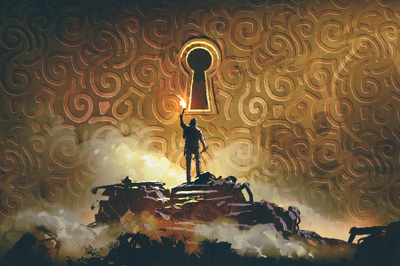 Image of a key unlocking a hidden door (Root Cause Healing and Subconscious Transformation)