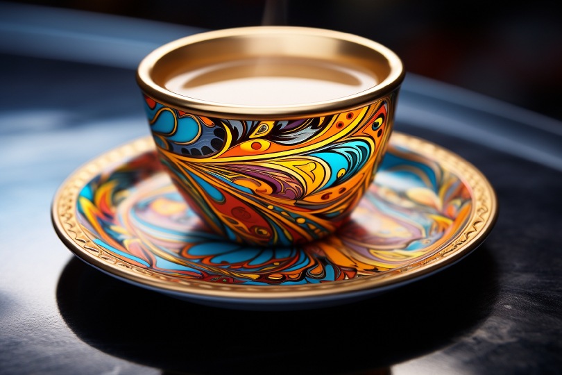 Image of an ornate coffee cup with intricate sediment patterns (Coffee Cup Readings for Events for Insight)