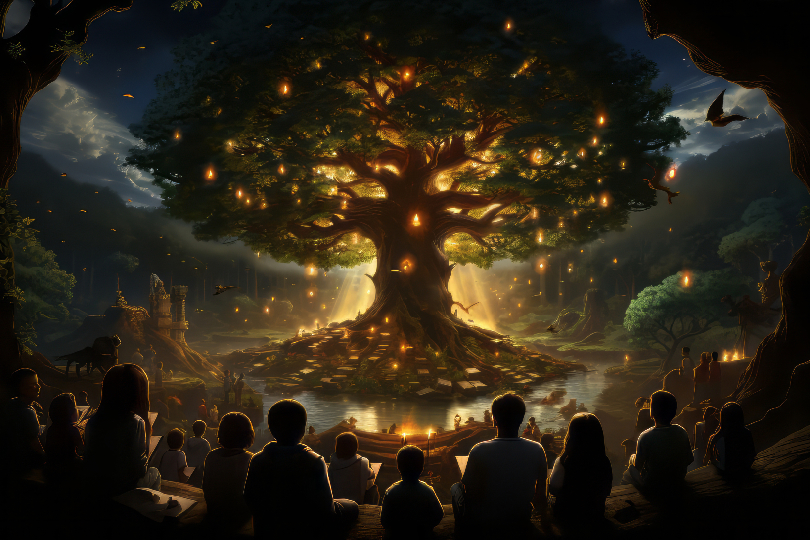 Image of a large, glowing tree with deep roots (Ancestral Healing for Root Cause Resolution)